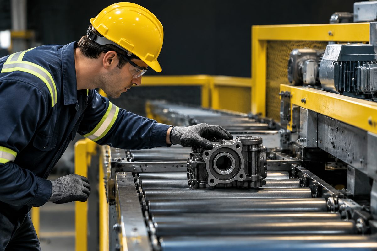 Operator checking a component at a conveyor transfer point