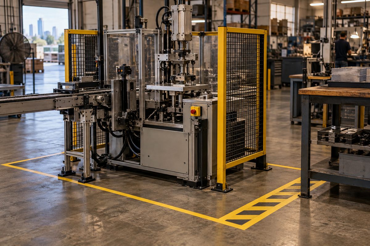 Measured clearance zone around a production machine retrofit